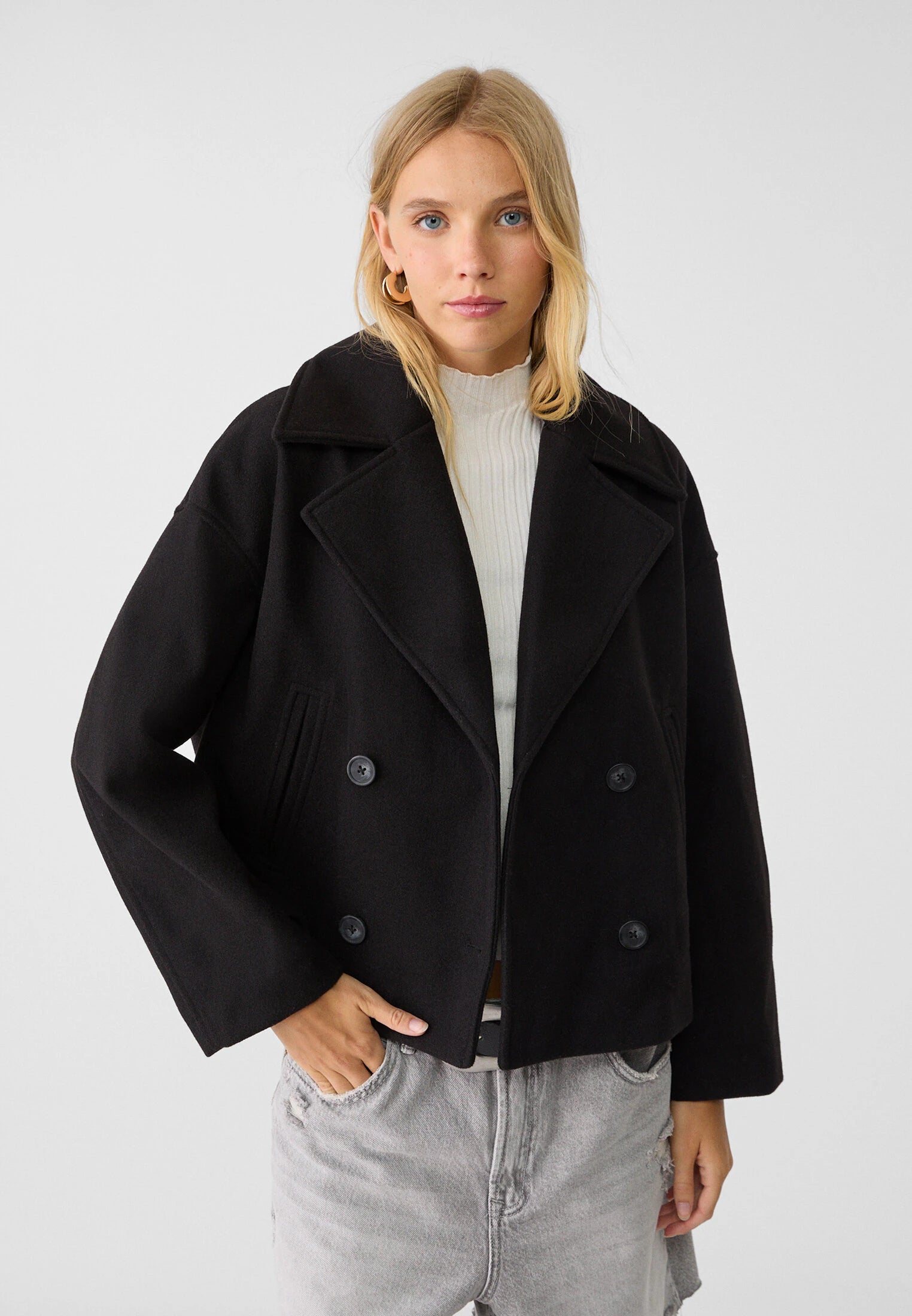 Cropped wool blend peacoat with notch lapel - view 3