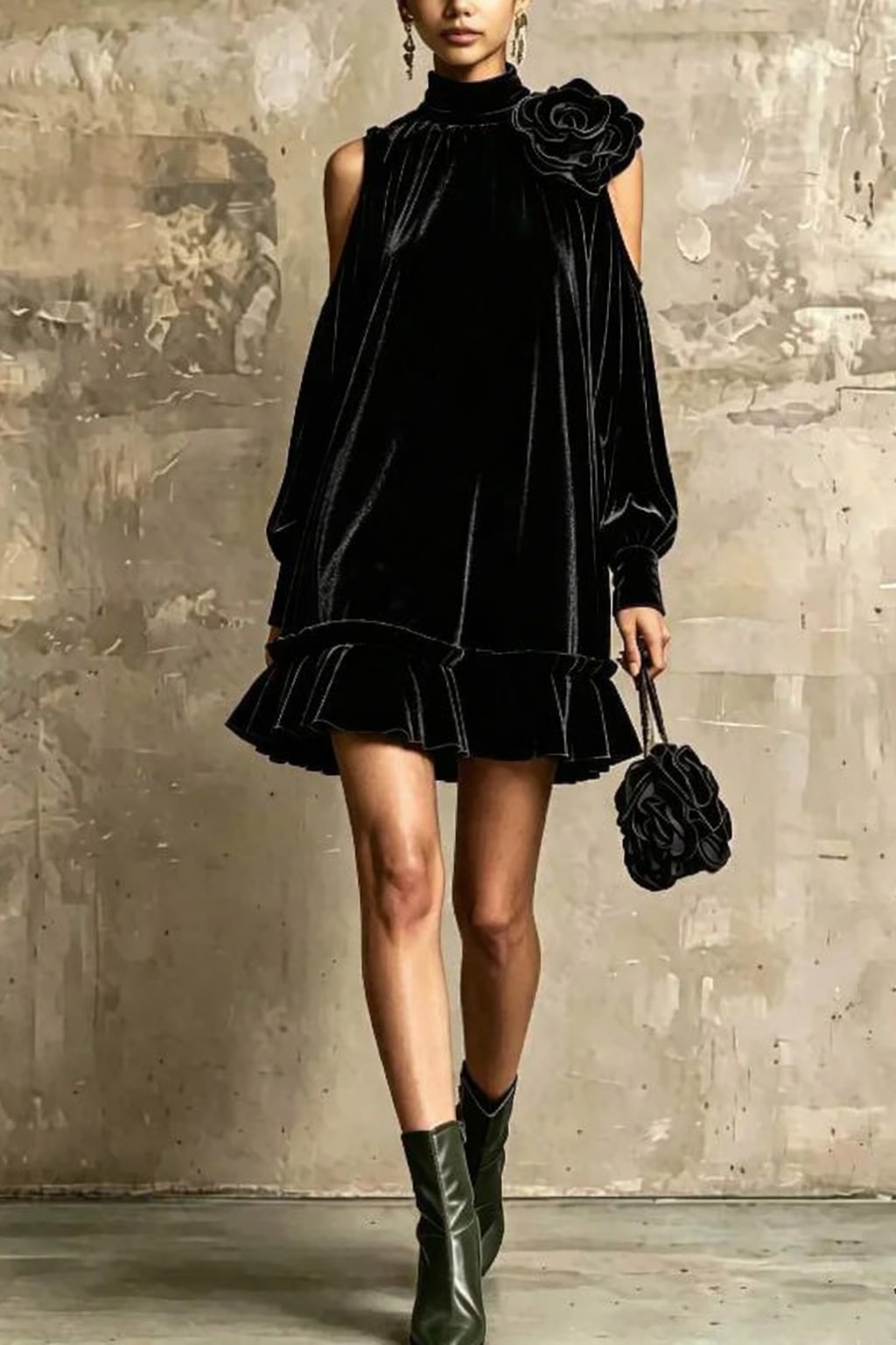 Synthetic Fiber Mini Dress With 3D Rose Applique Hem - 5