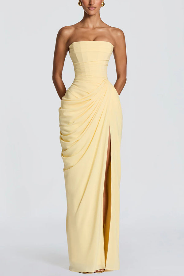 Strapless Chiffon Maxi Dress with Side Slit - view 2