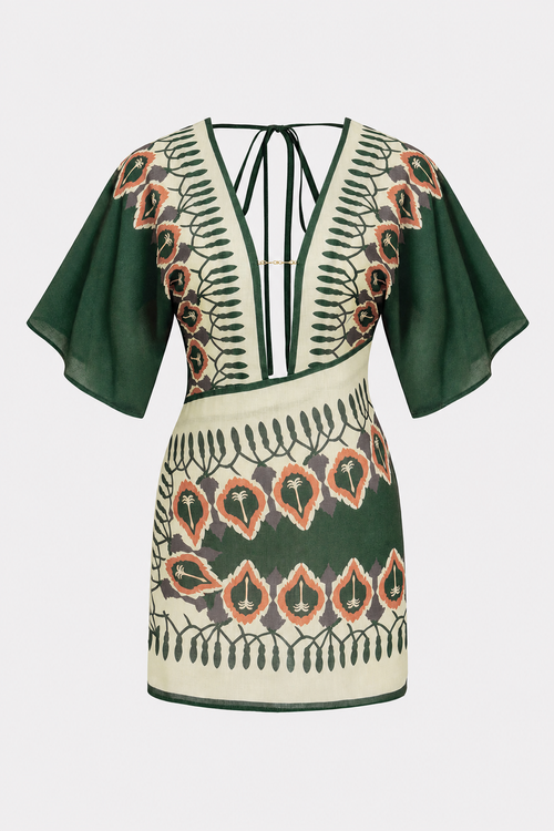 Artistic Print Linen Mini Dress