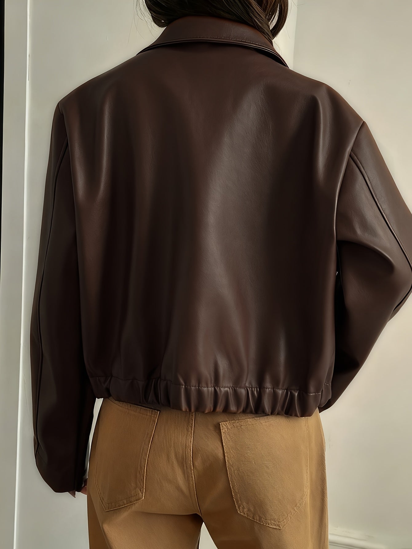 Cropped Faux Leather Zip Jacket with Collar - view 4