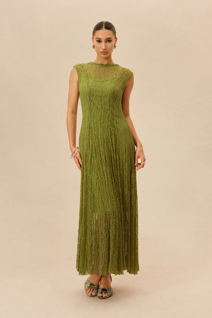Olive rhinestone mesh maxi dress with cap sleeves - view 2