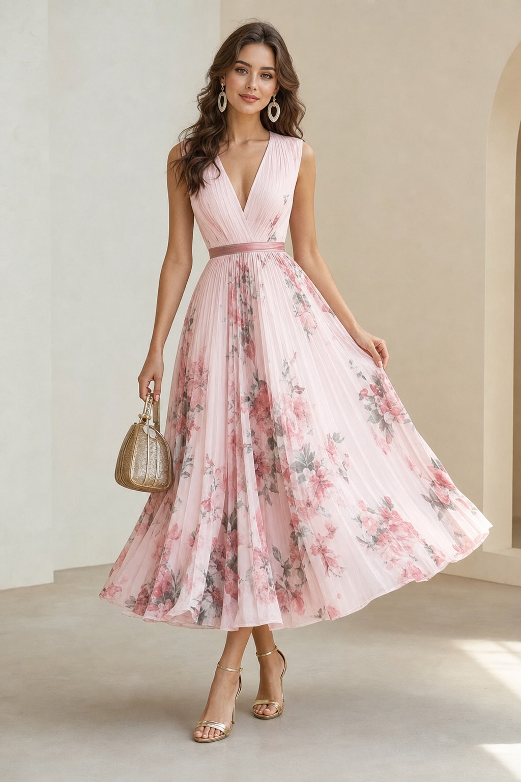Chiffon Floral Midi Dress A-Line V-Neck Sleeveless - 6