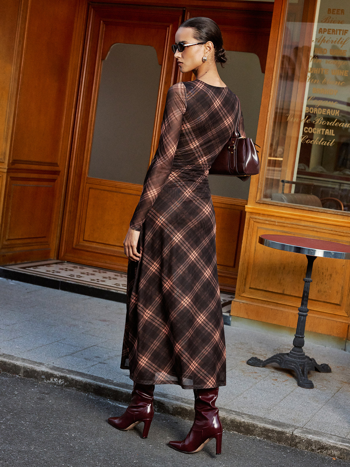 Brown Plaid Mesh Long Sleeve Maxi Dress - view 5