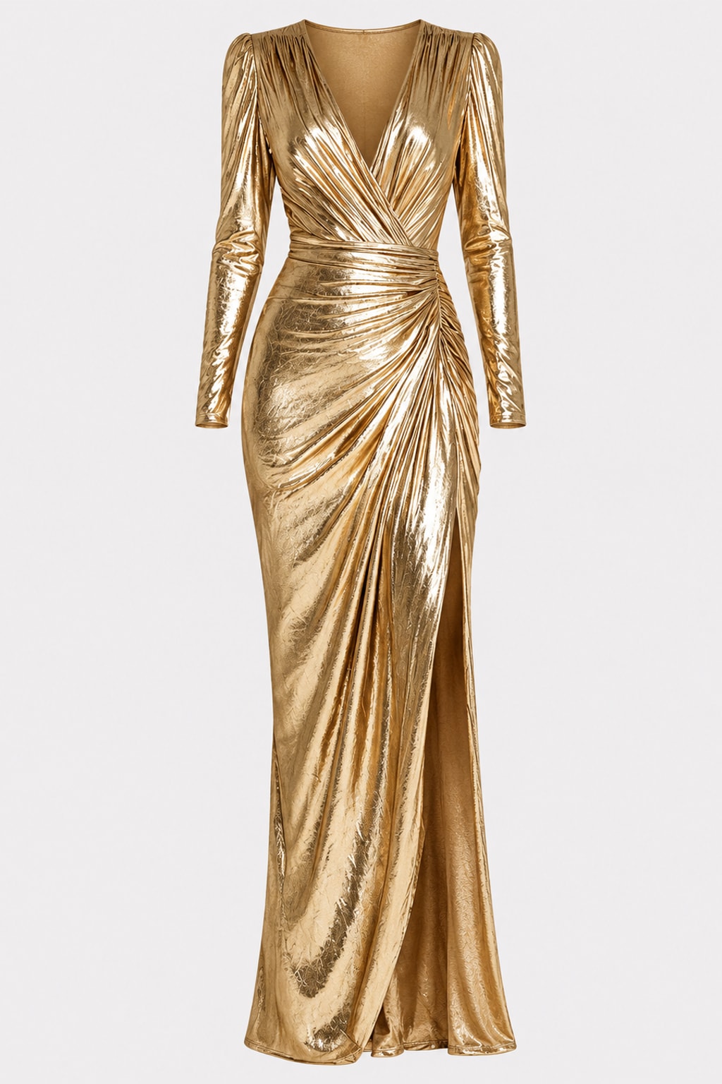 Polyester Maxi Dress With High Slit And Long Sleeves - 1