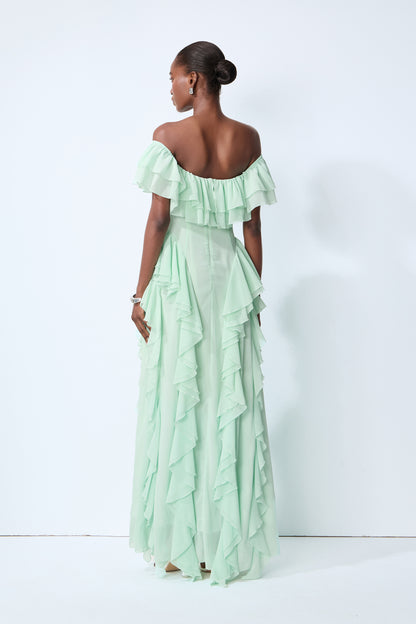 Sage green off-shoulder ruffle maxi dress with pockets - view 4