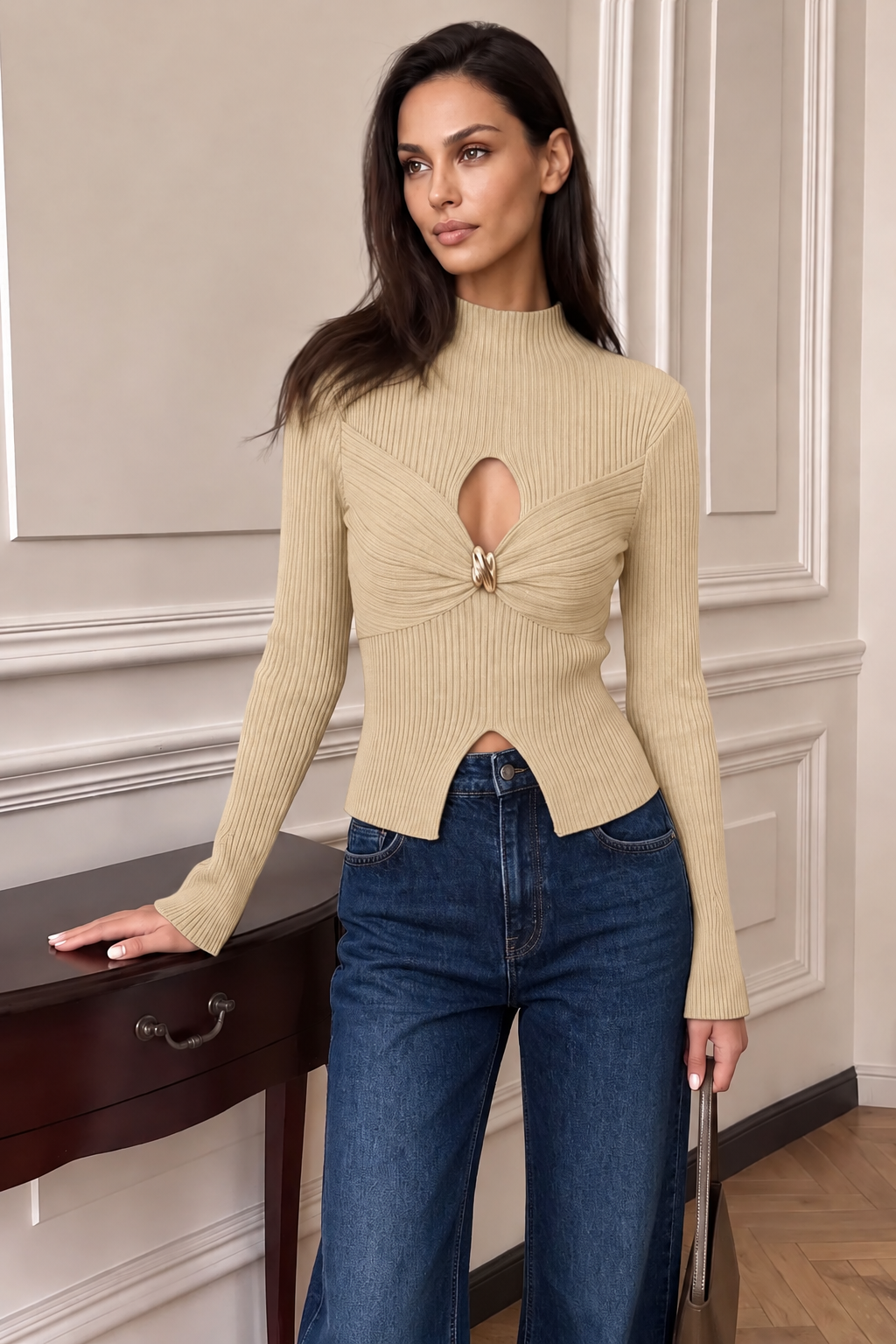 Polyester Knit Long-Sleeve Top With Mock Neck Cut-Out - 7