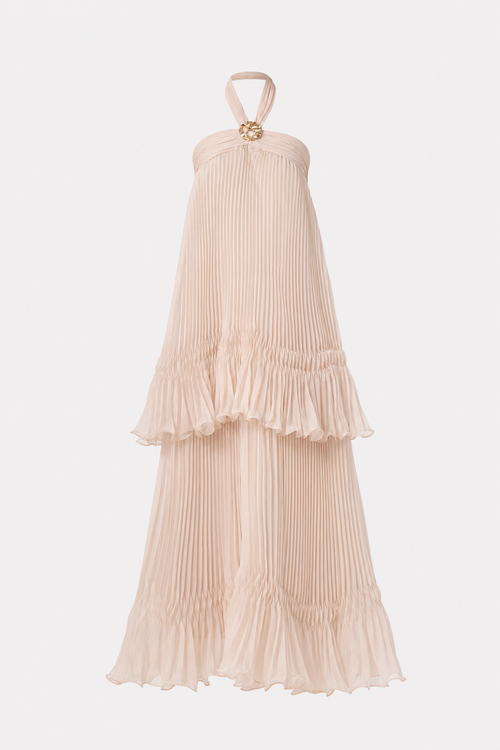 Pink Halter Pleated Maxi Dress With Ruffles