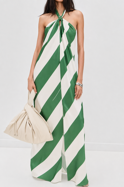 Green striped halter tie-up maxi dress with pockets - view 2