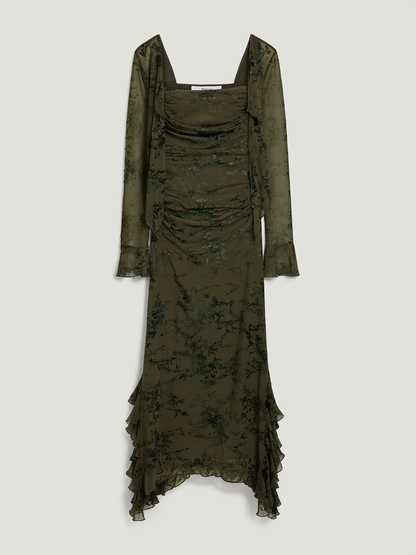 Green Mesh Floral Ruffle Midi Dress