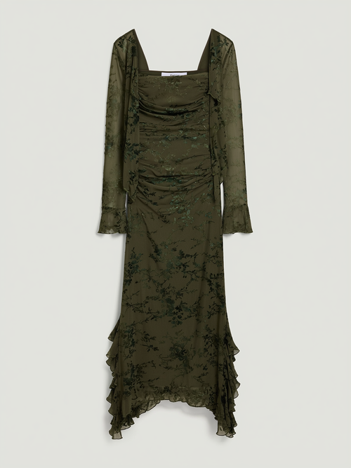 Green Mesh Floral Ruffle Midi Dress