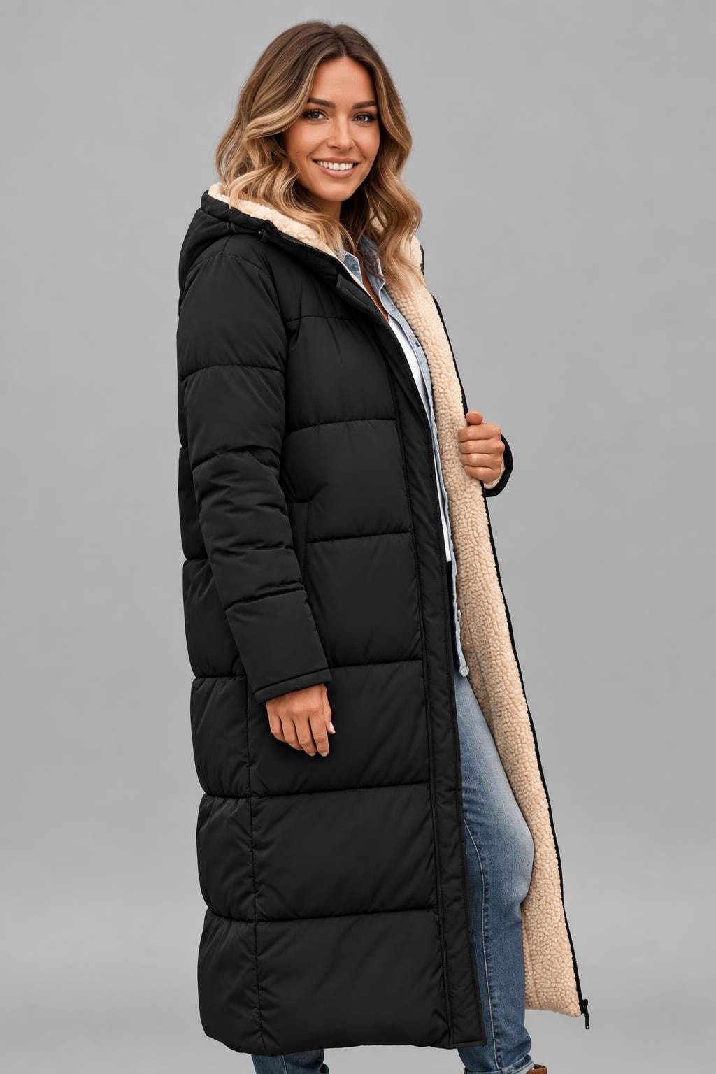 Quilted Longline Puffer Coat With Hood - 3