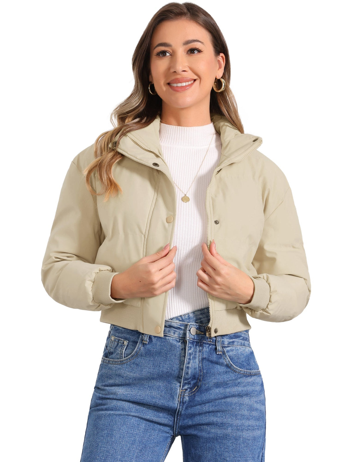Padded Cropped Bomber Jacket With Stand Collar - view 31