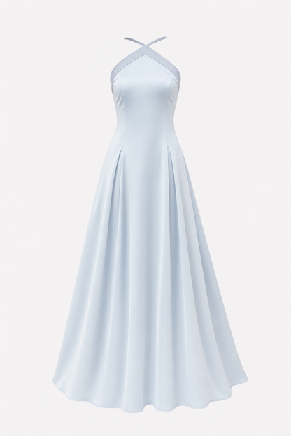 Blue Halter Satin Maxi Dress