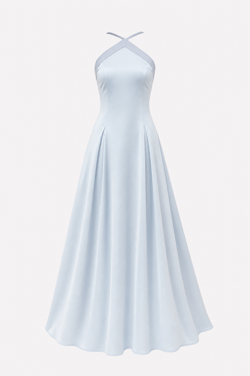 Blue Halter Satin Maxi Dress