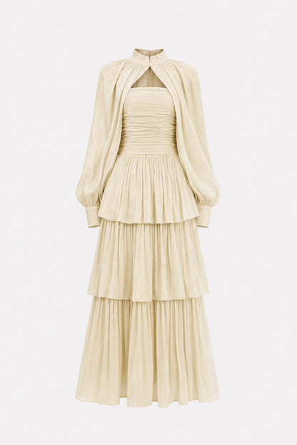 Beige Tiered Chiffon Maxi Dress with Detachable Sleeves