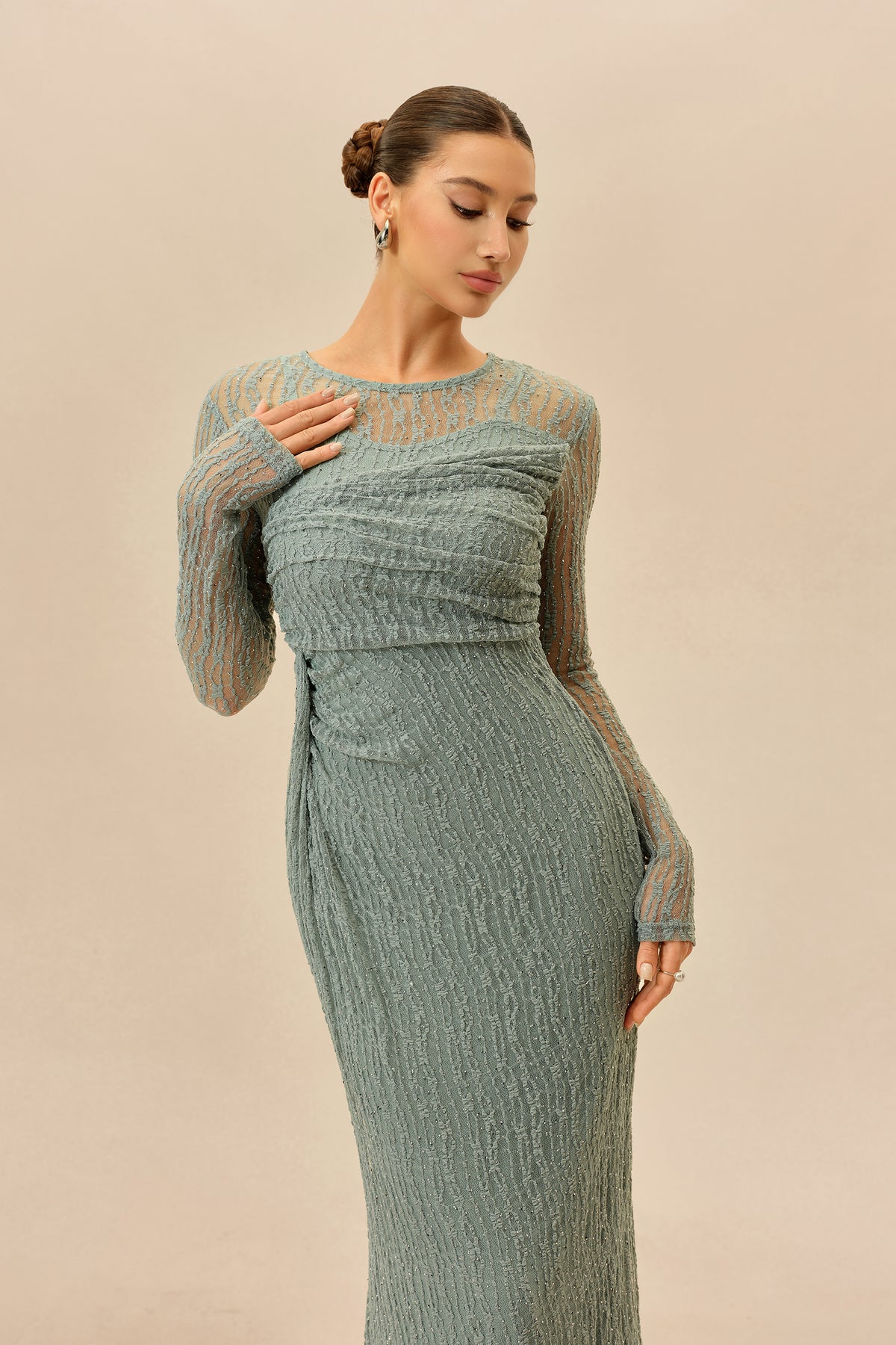 Mint rhinestone mesh maxi dress with sheer sleeves - view 3