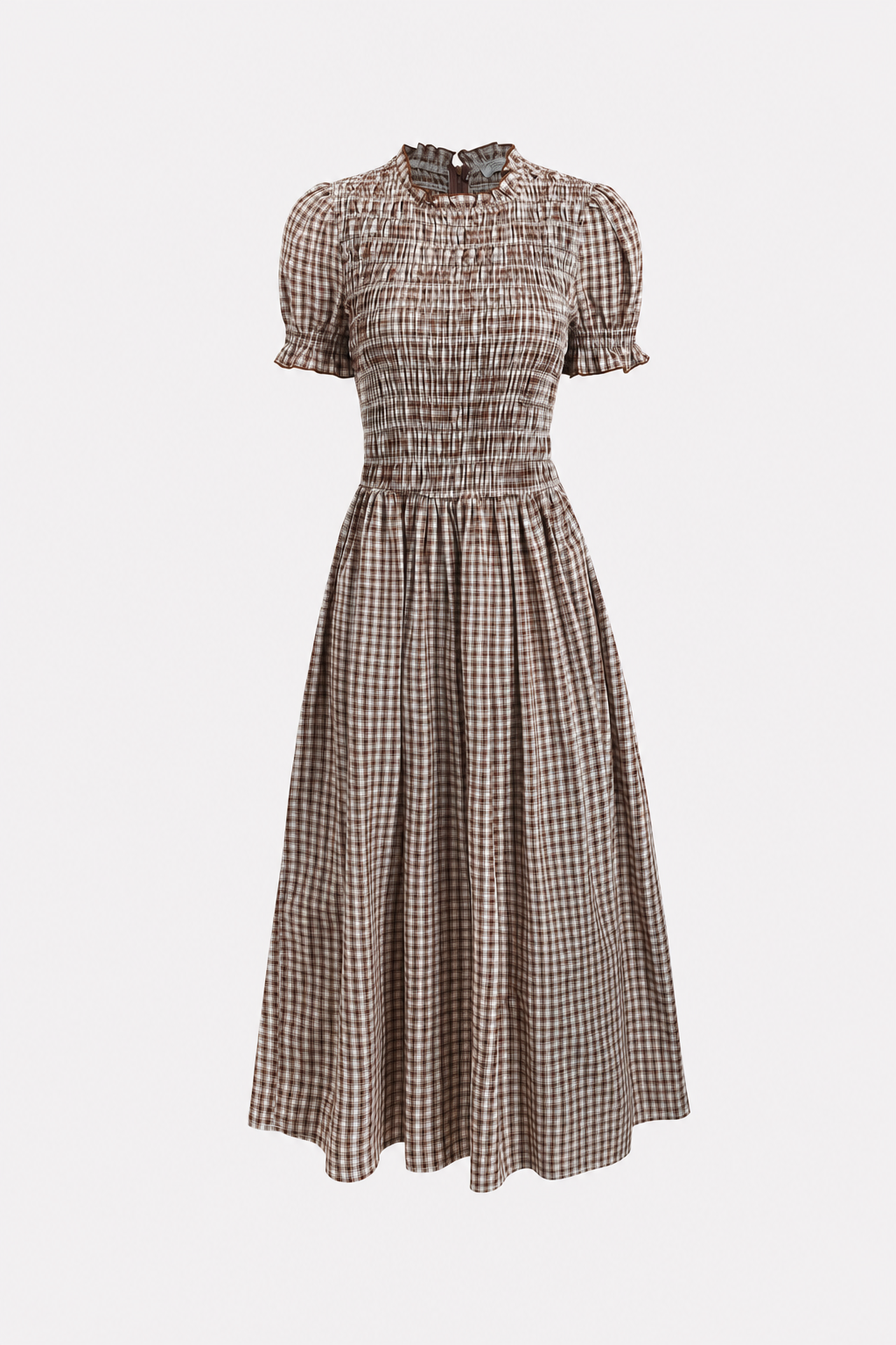 Plaid Puffed Sleeve Shirred Waist Midi Dress