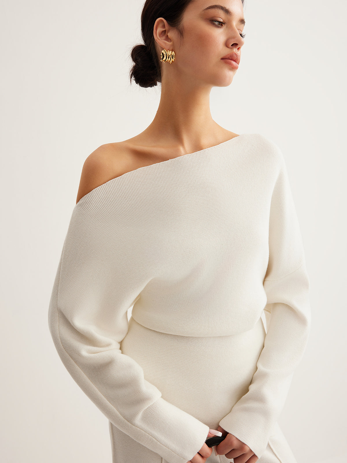 Wool-blend knit top with asymmetrical neckline - view 3
