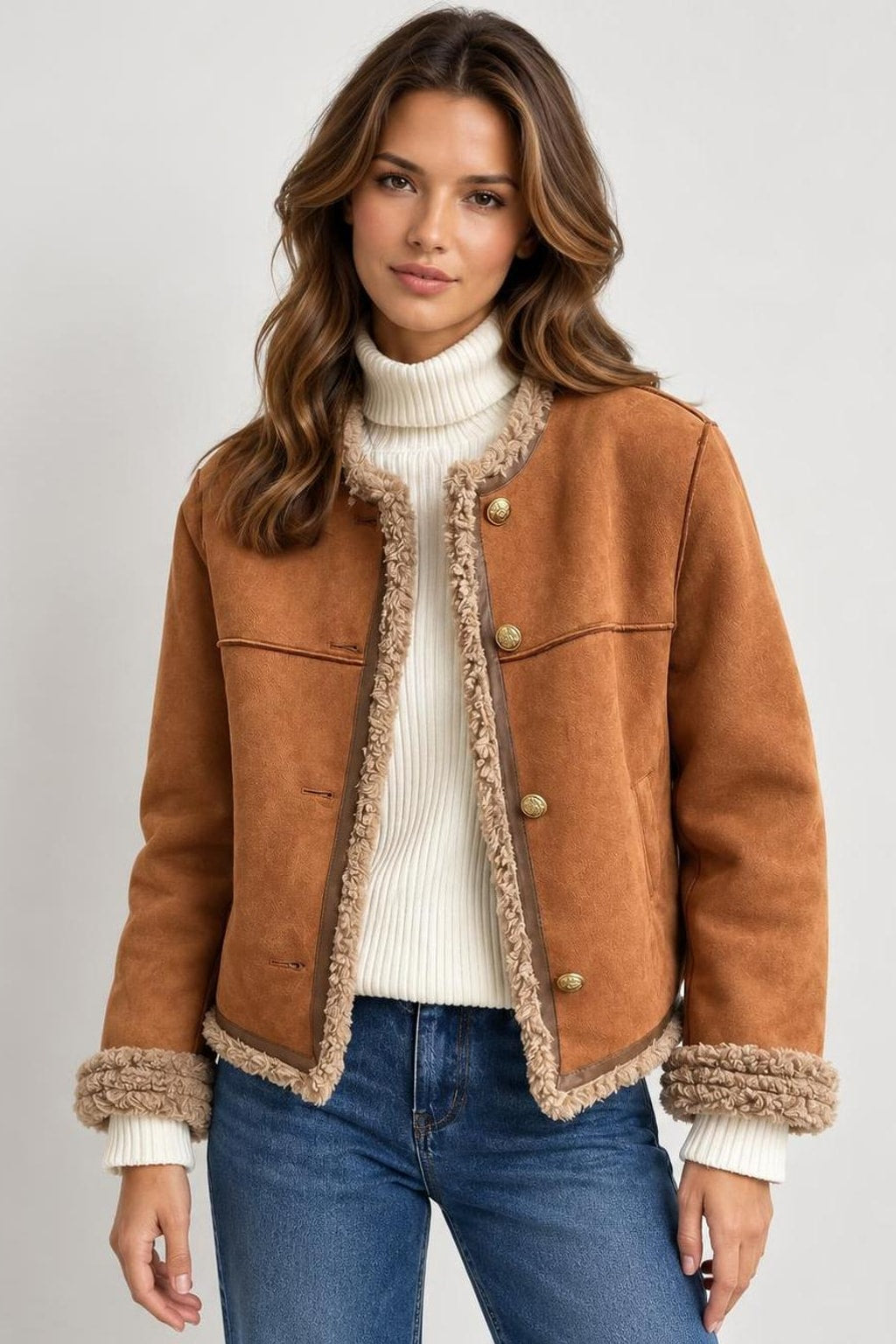 Faux Suede Jacket With Faux Fur Trim - 2