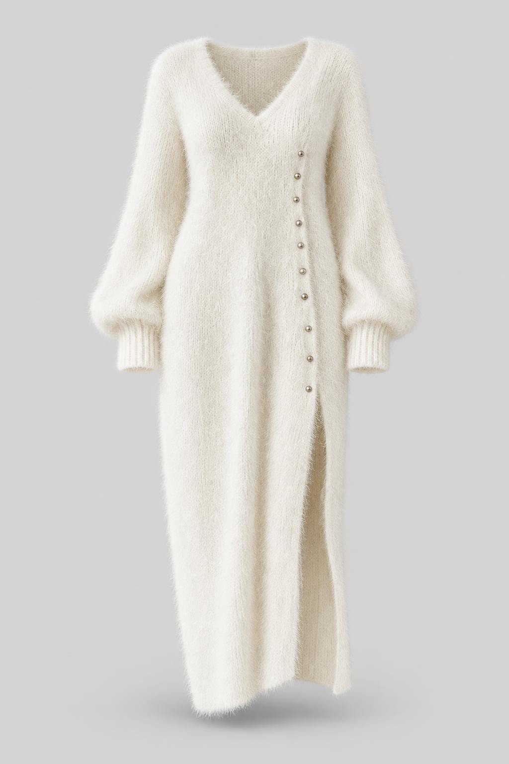 Knit Sweater Midi Dress With Balloon Sleeves - 1