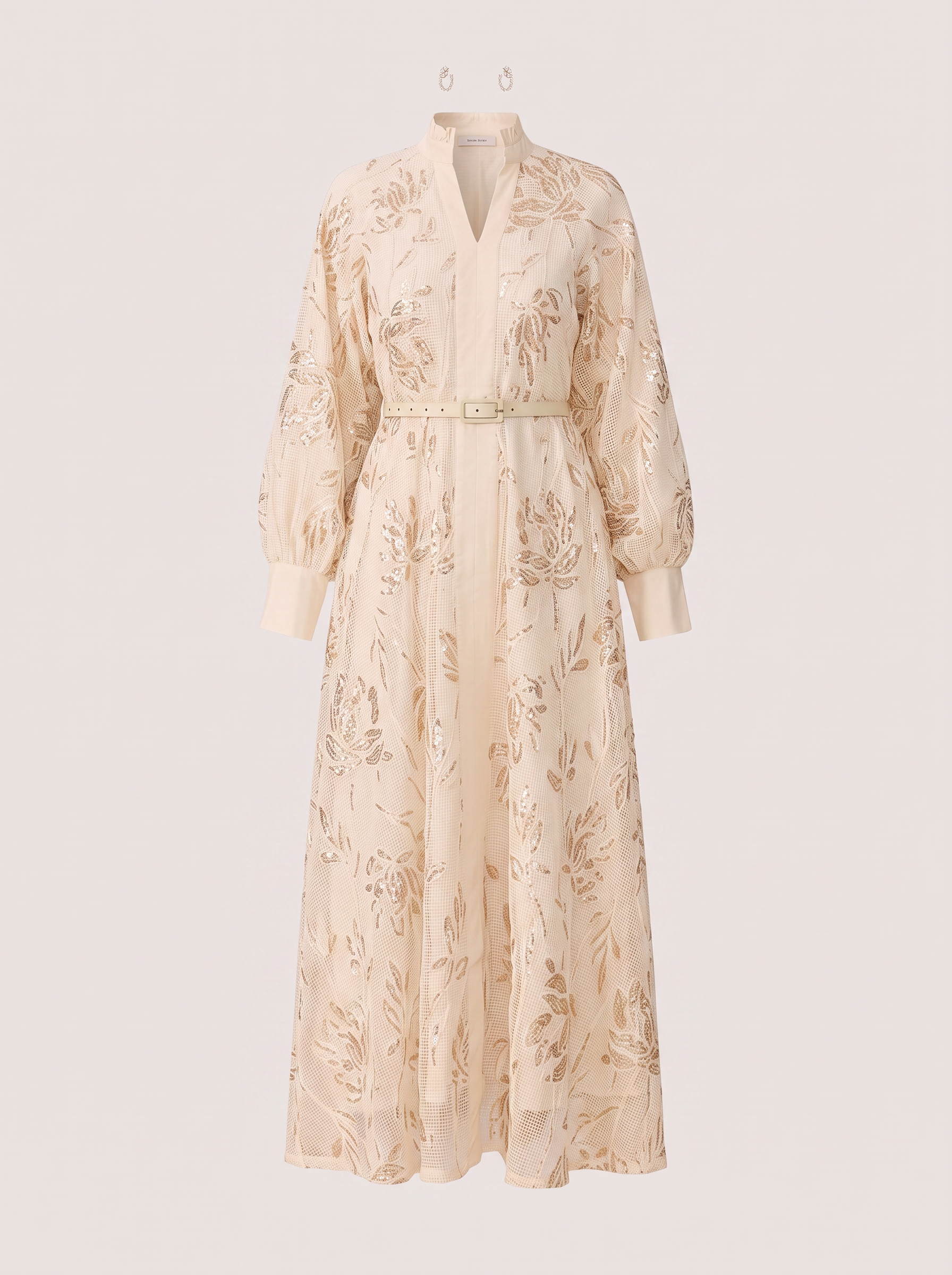 Beige sequin floral maxi dress with stand collar