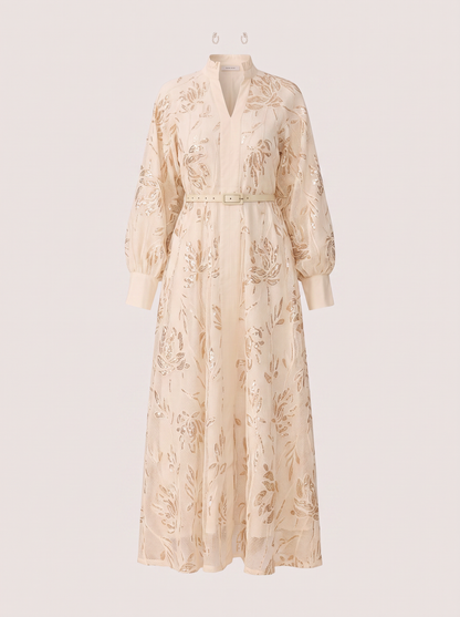 Beige sequin floral maxi dress with stand collar