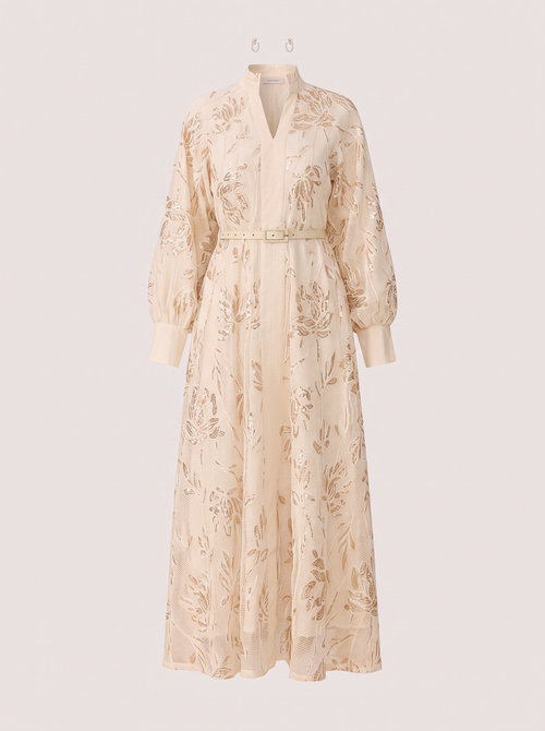 Beige sequin floral maxi dress with stand collar