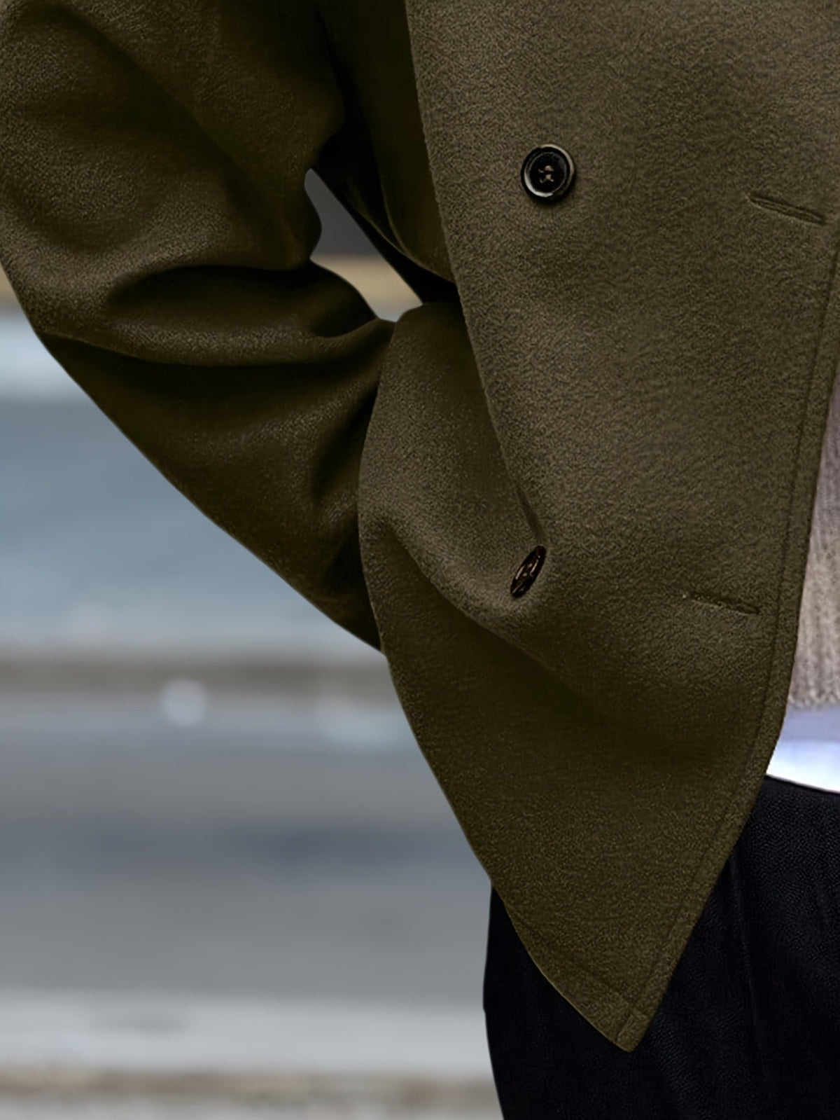 Dark Green Fleece Pea Coat with Stand Collar - view 5