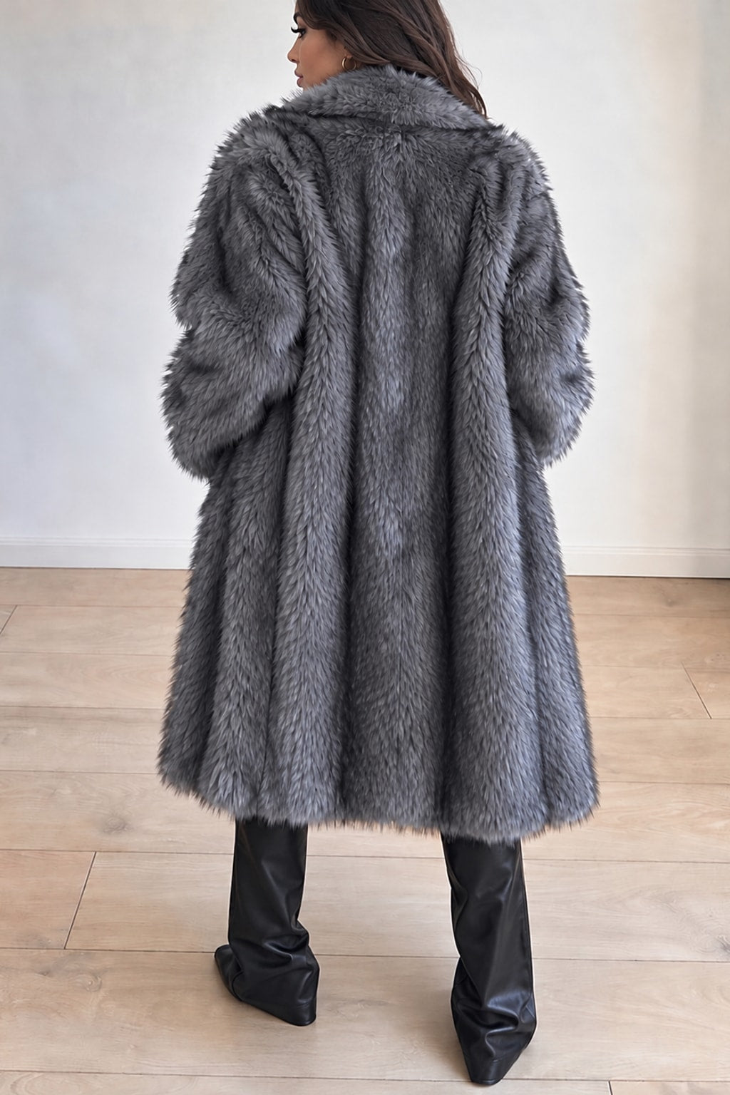 Faux Fur Coat Lapel Collar Open Front Longline Outerwear - 3