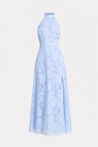 Blue Jacquard Maxi Dress with Open Back