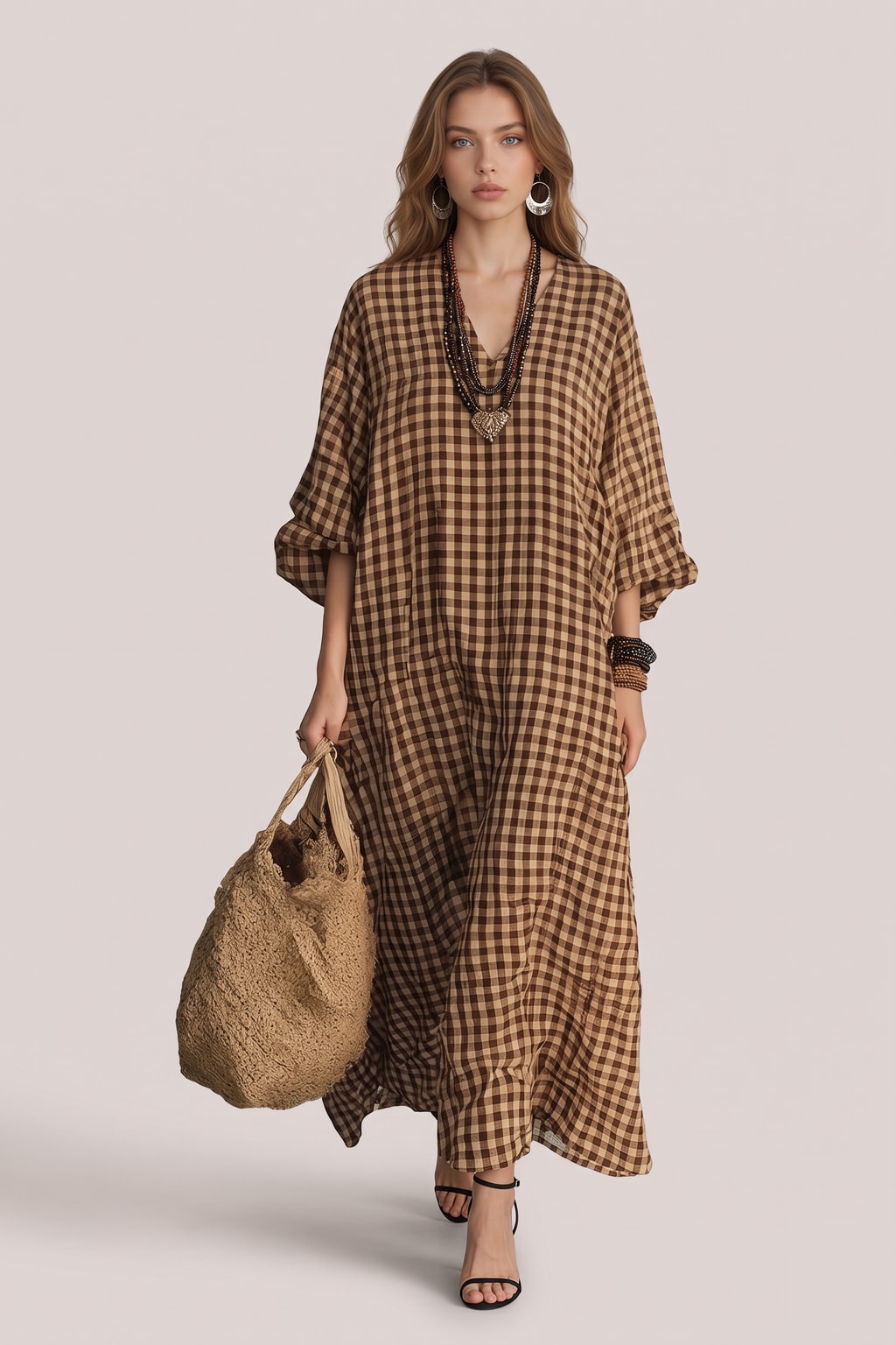 Polyester Maxi Dress Casual V-Neck Plaid Vintage Style - 5