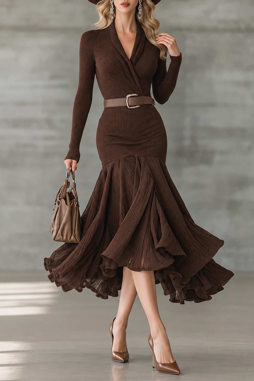 Synthetic Fiber Knitted Dress V-Neck Ruffle Hem - 2