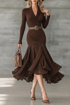 Synthetic Fiber Knitted Dress V-Neck Ruffle Hem - 2