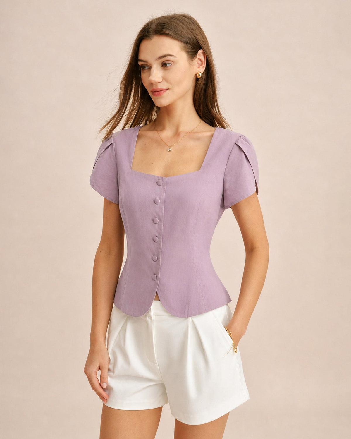 Purple square neck petal sleeve cotton blouse - view 2