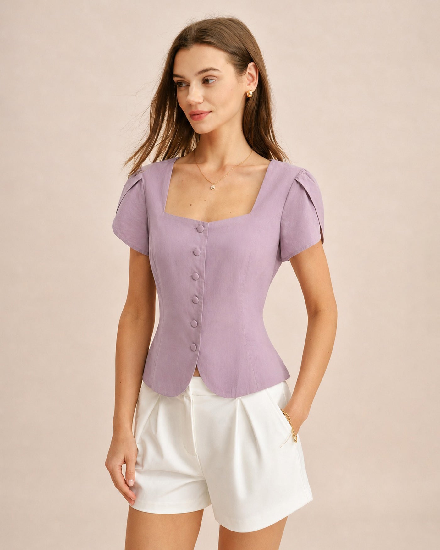 Purple square neck petal sleeve cotton blouse - view 2
