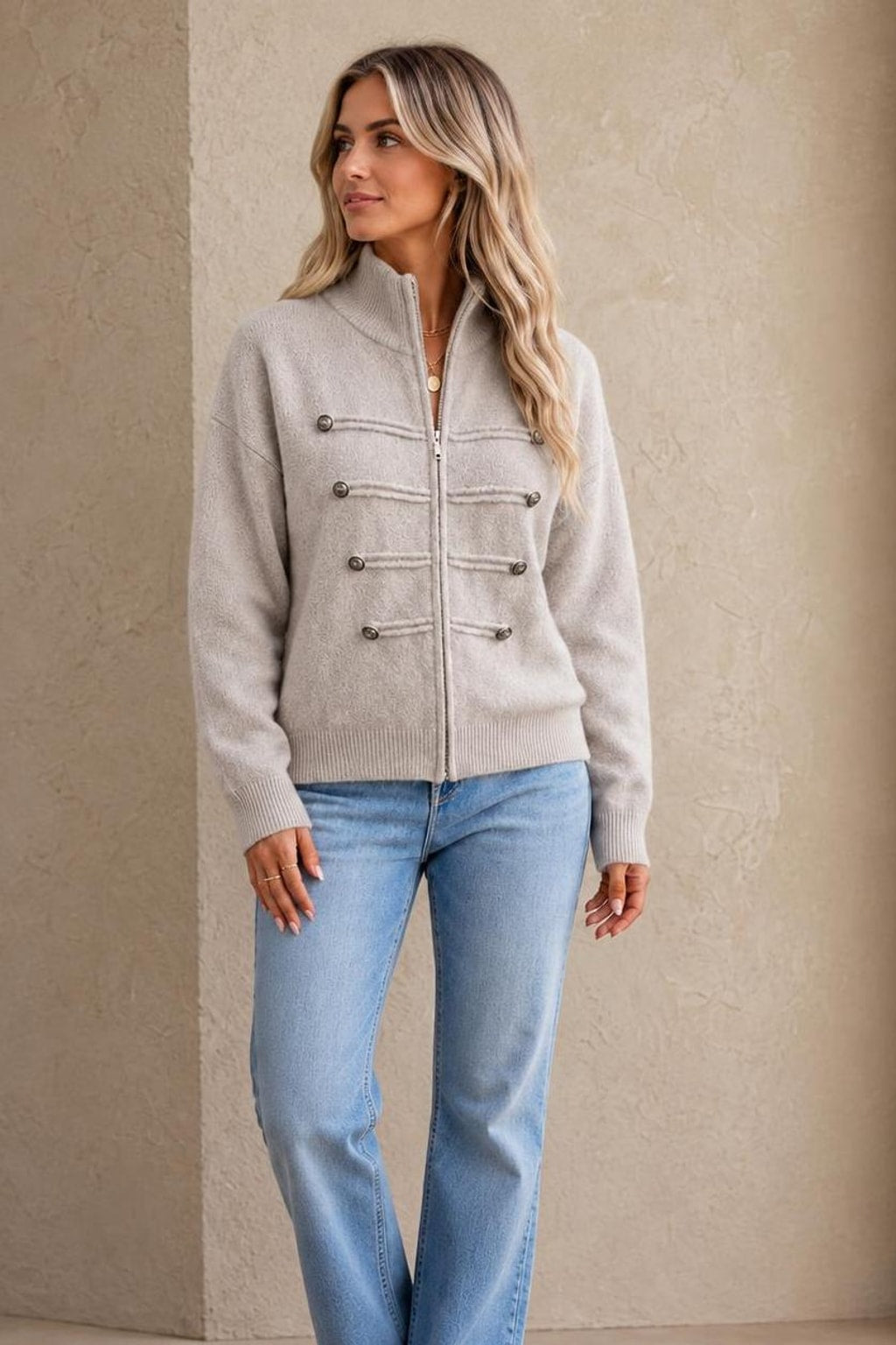 Knit Zip-Front Military-Style Cardigan - 9