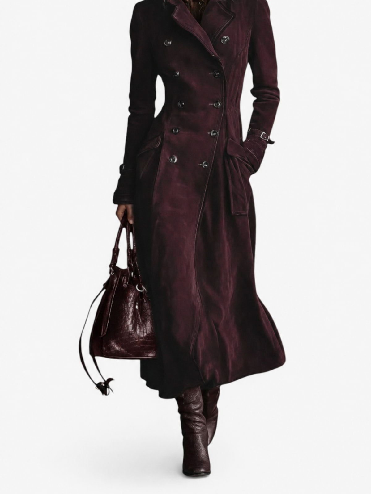 Faux Suede Double Breasted Long Trench Coat - 3