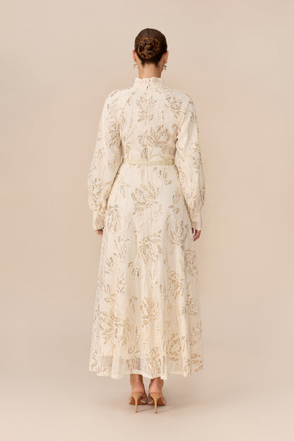 Beige sequin floral maxi dress with stand collar - view 4