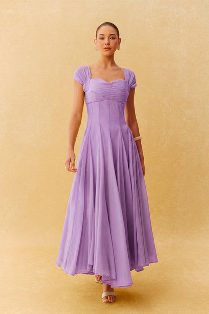 Purple Chiffon Maxi Dress with Pleated Bodice - view 2