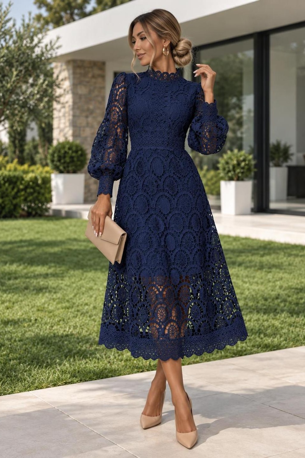 Textured Evening Dress With Long Sleeves - 9