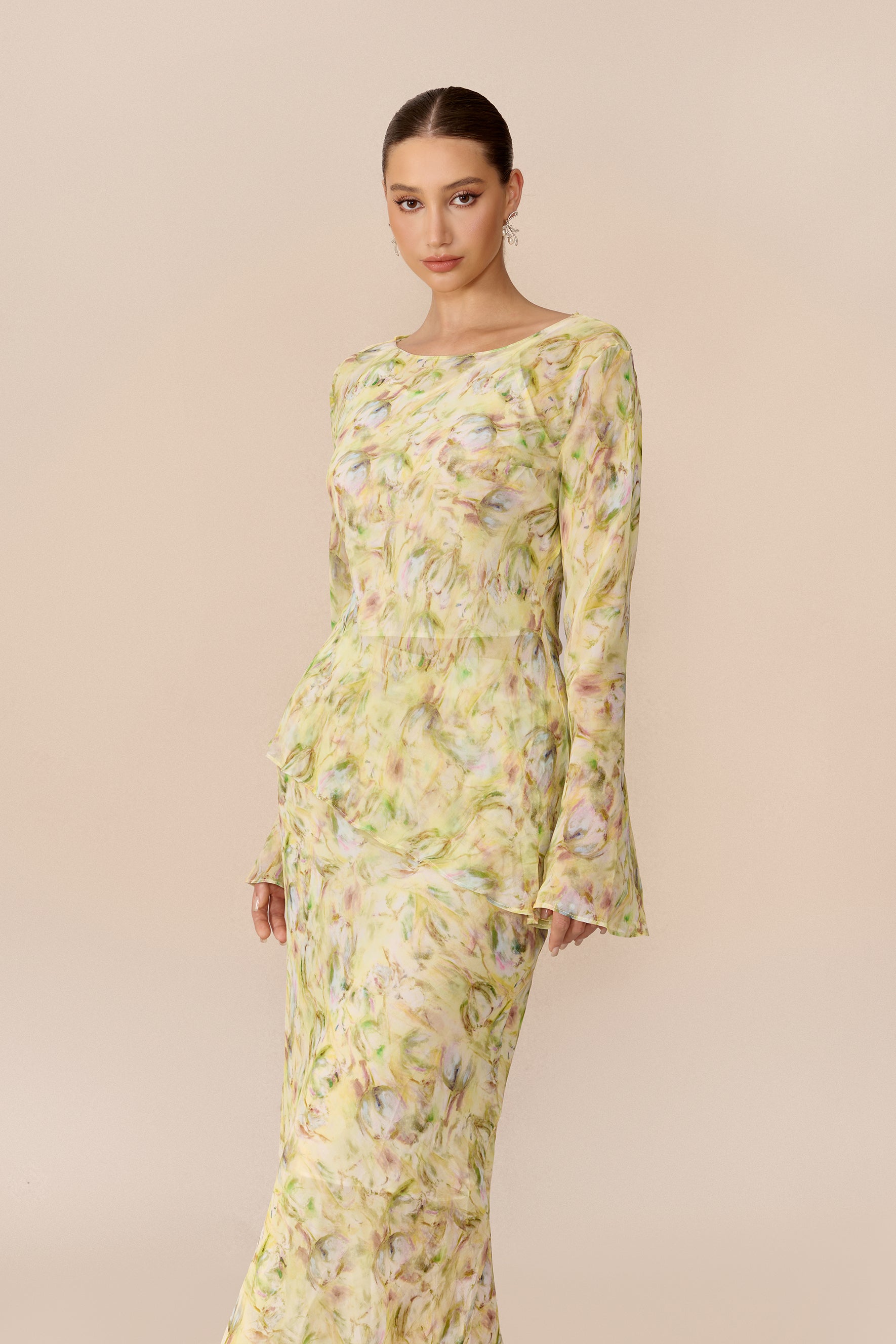 Yellow Floral Chiffon Top and Maxi Skirt Set - view 3