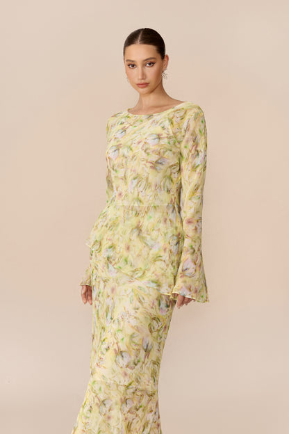 Yellow Floral Chiffon Top and Maxi Skirt Set - view 3
