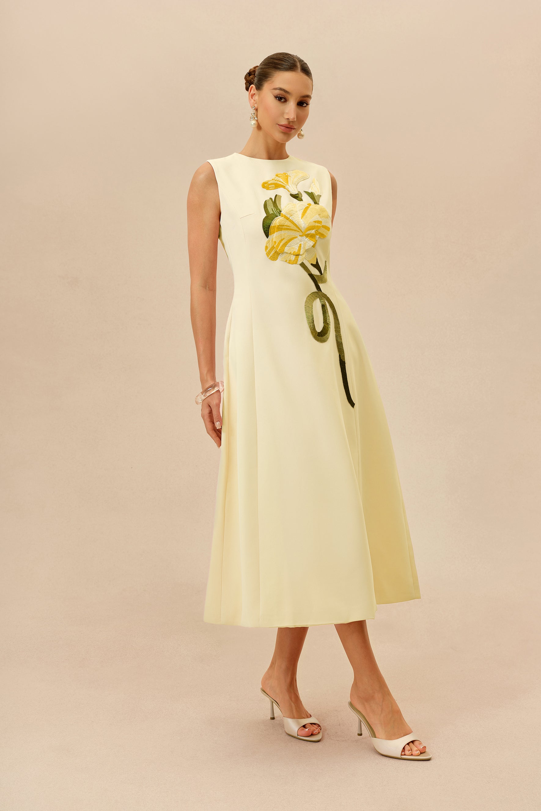 Light Yellow Floral Embroidery Midi Dress - view 5