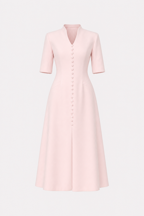 Pink stand collar maxi dress with front slit