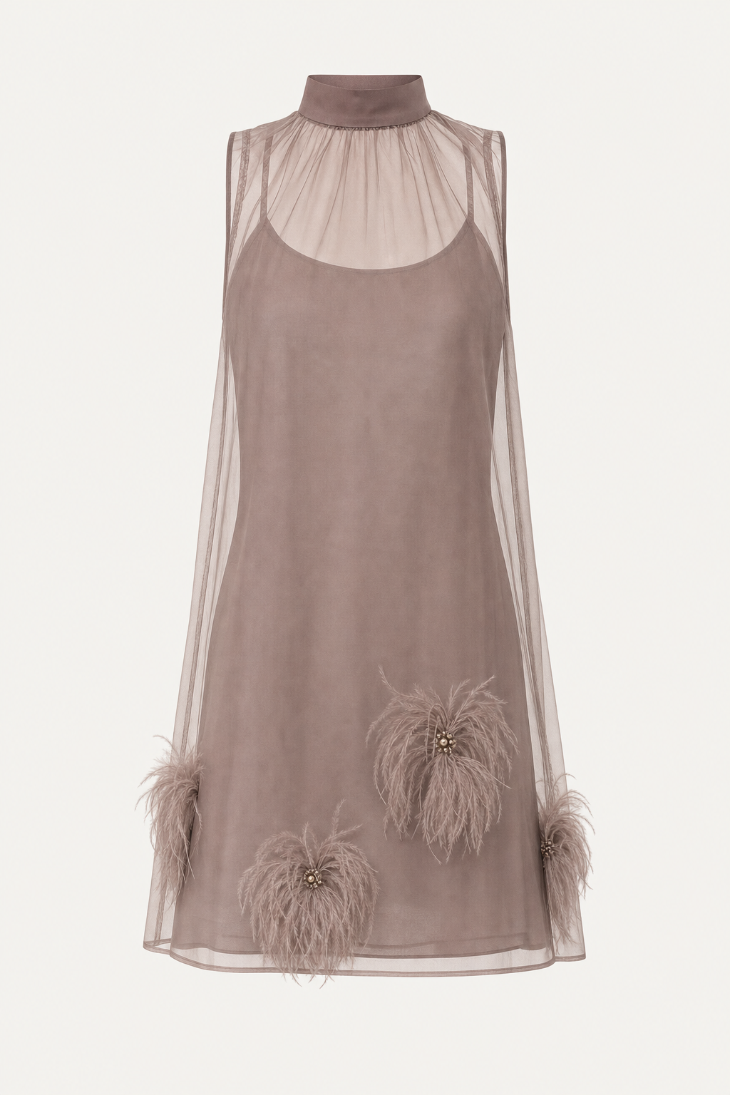 Taupe sheer chiffon mini dress with feather trim