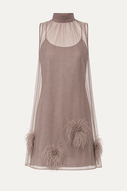 Taupe sheer chiffon mini dress with feather trim