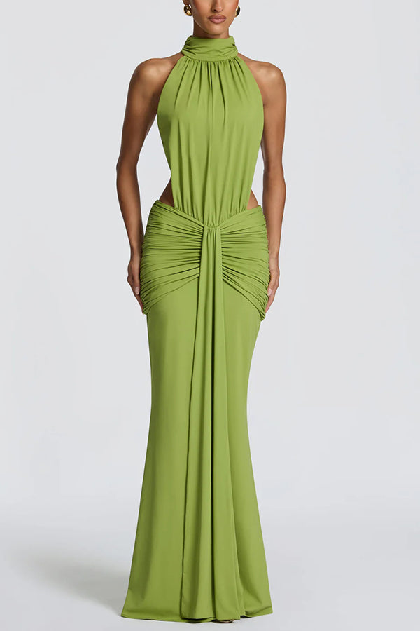 Stretch jersey maxi dress with high neck and open back - view 5