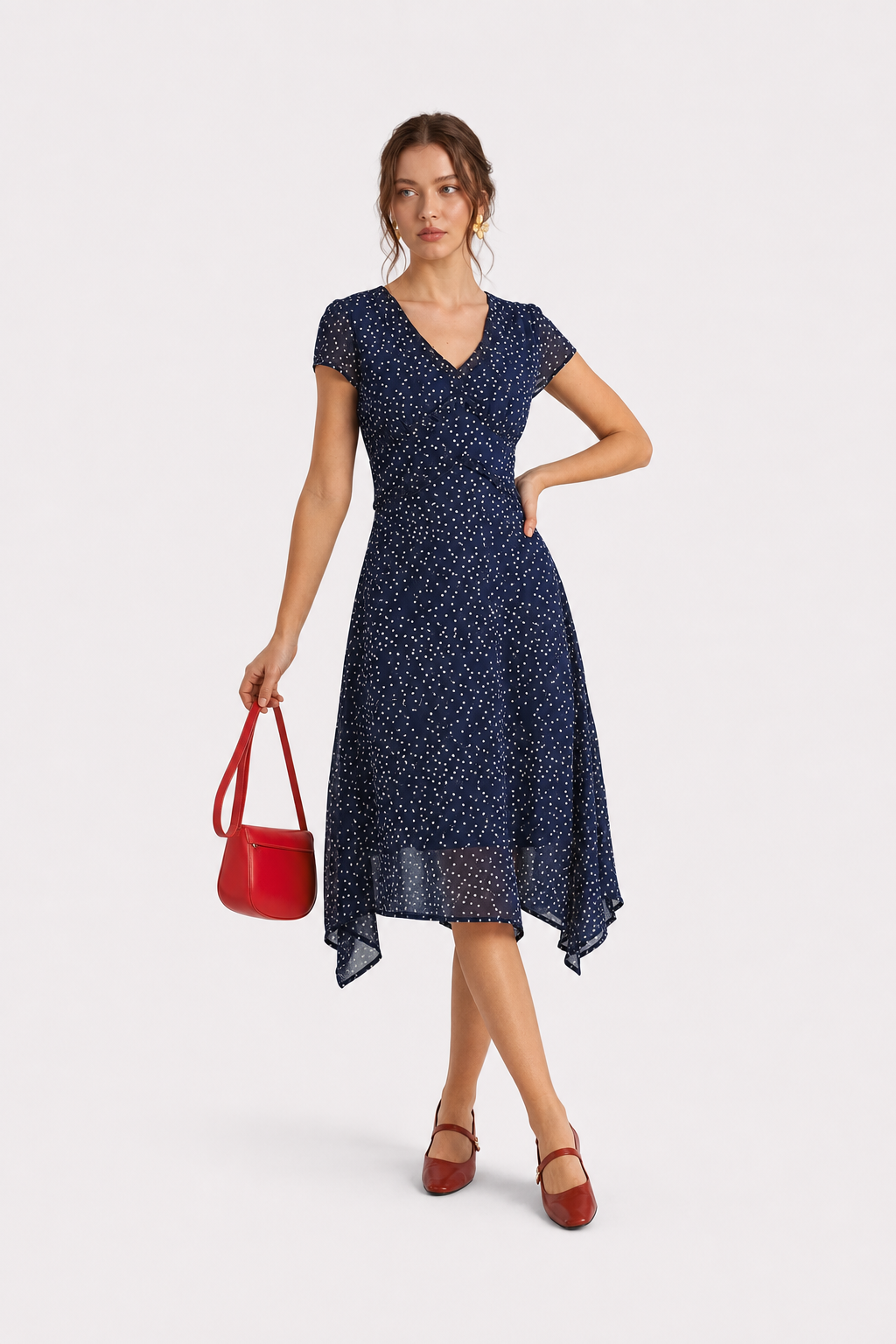 Navy Polka Dot Wrap Midi Dress - view 3