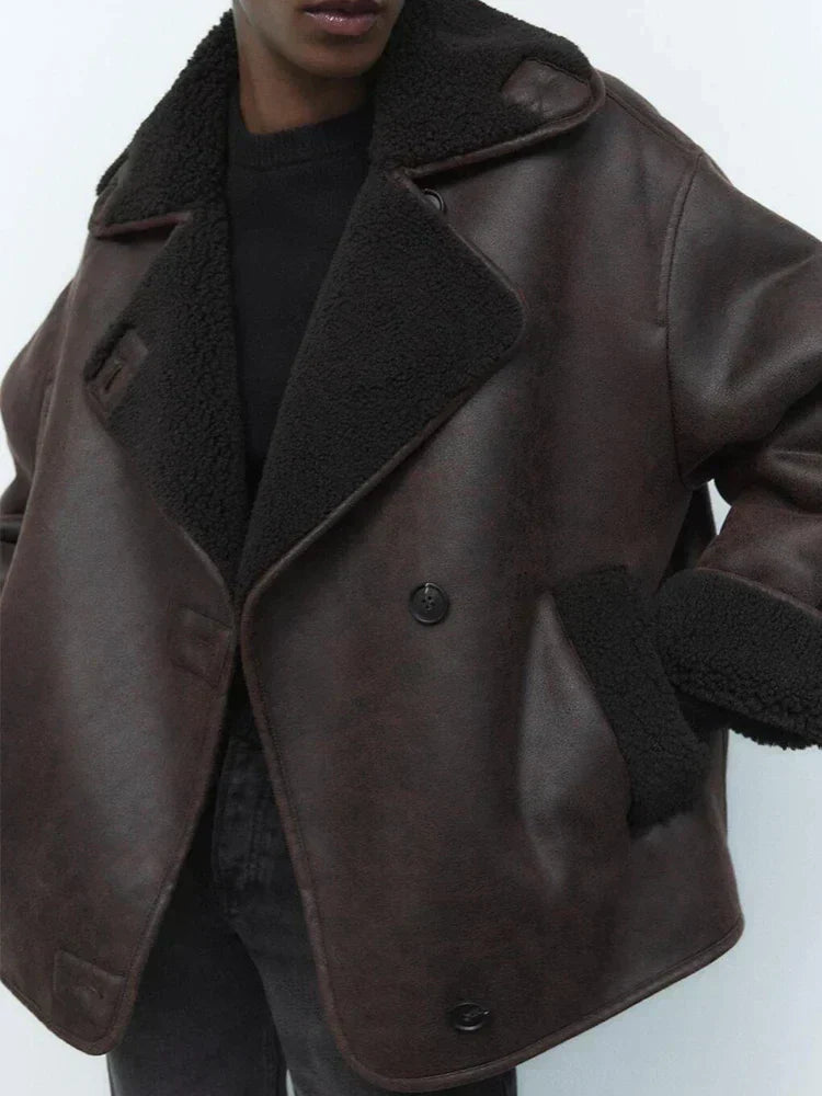 Brown Oversized Collarless Leather Jacket - view 6